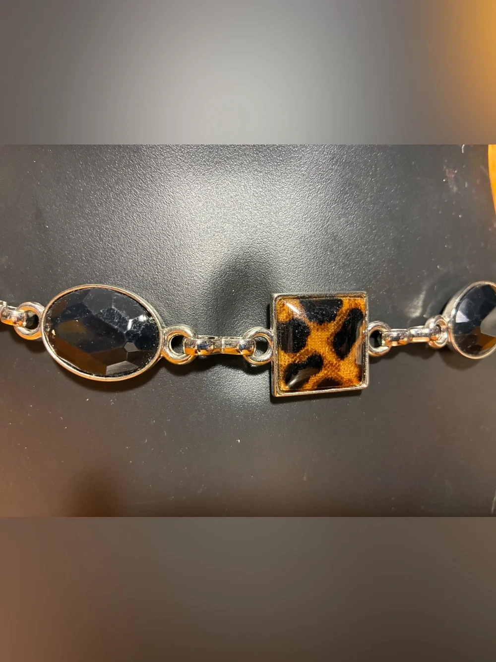 Y2K Vintage Leopard Print Black Stone Chain Belt Silver Adjustable One Size